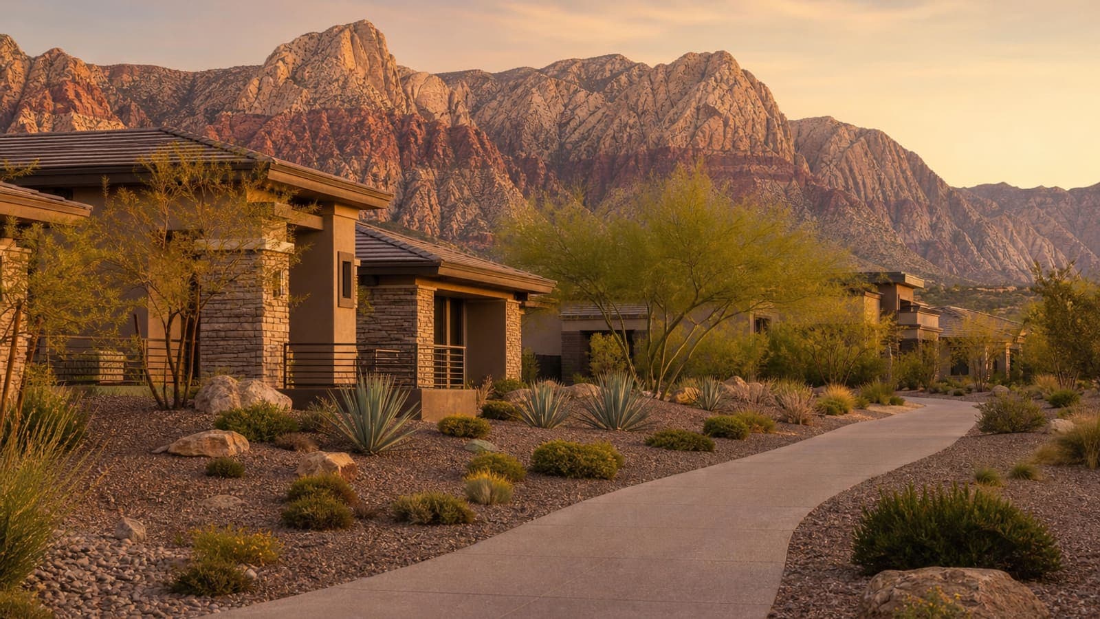Desert-modern Summerlin homes with the Red Rock Canyon escarpment behind