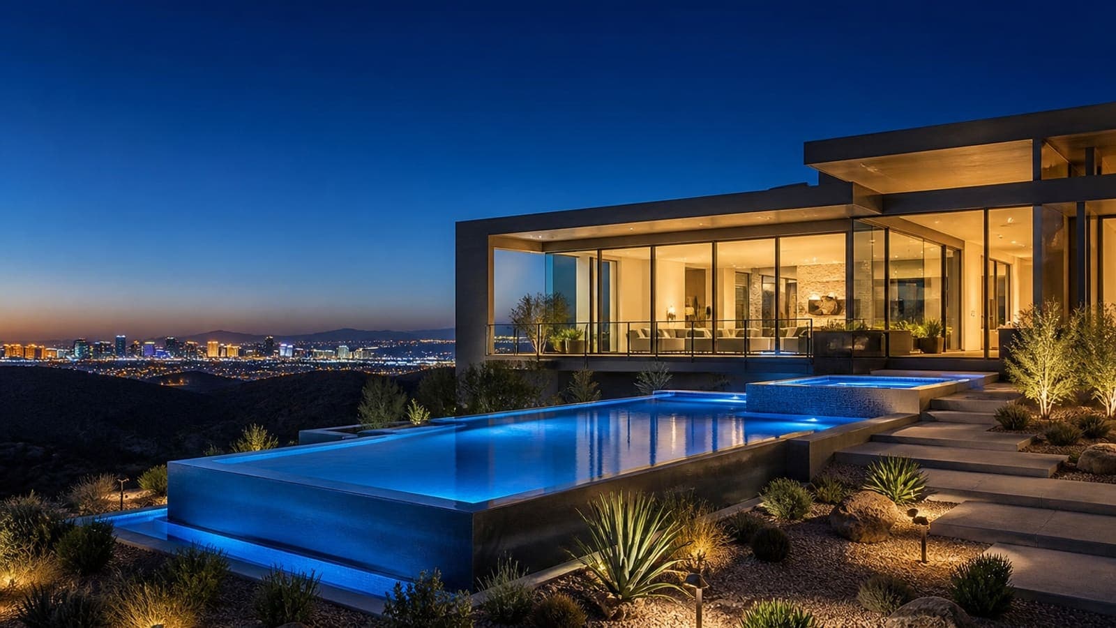 Modern luxury estate at dusk in The Ridges, Summerlin